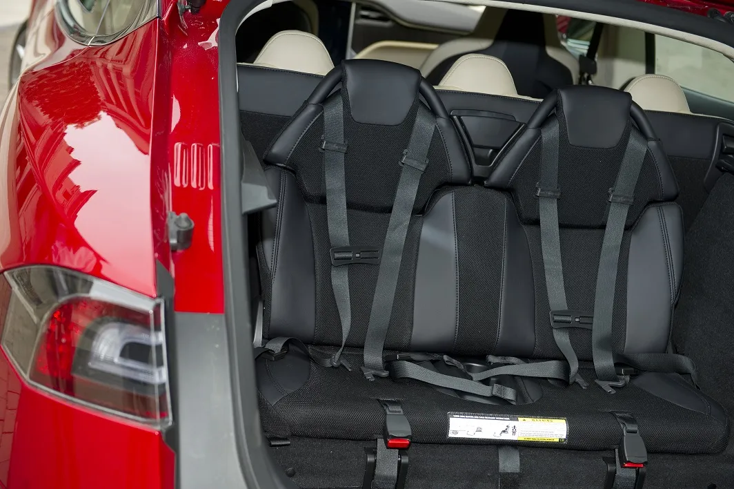 Rear facing child seats in the Model S electric sports sports sedan in Boston, Massachusetts.
