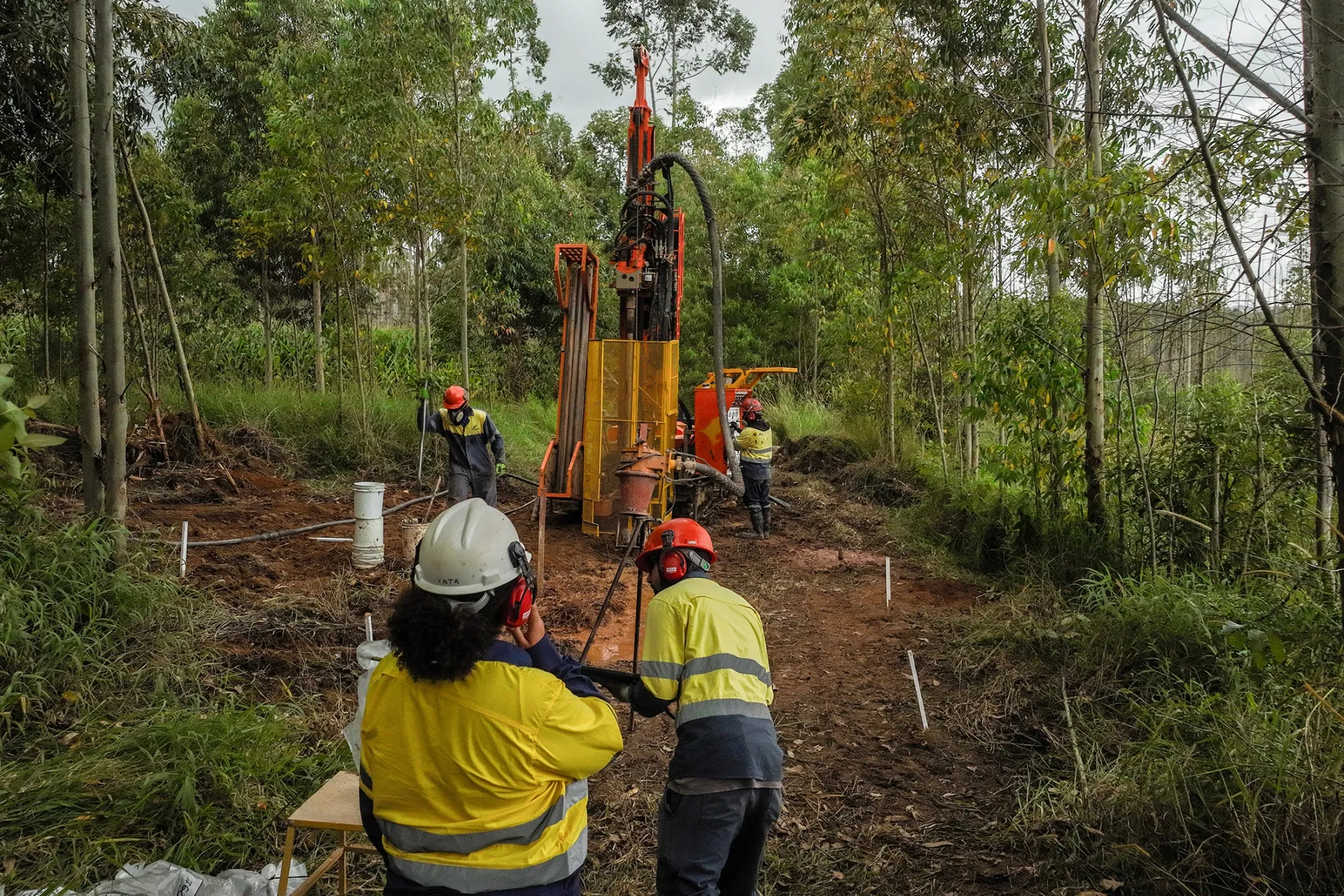 Workers operate a hydraulic drilling rig in a forested area at Meteoric Resources' rare earth project in Minas Gerais, Brazil, collecting soil samples for exploration.