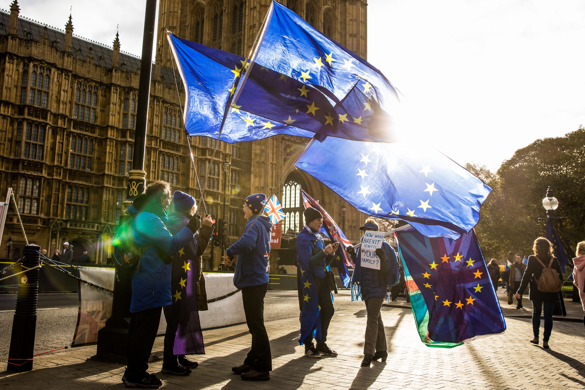 Anti-Brexit demonstrators wave European Union (EU) flags outside the Houses of Parliament in London.