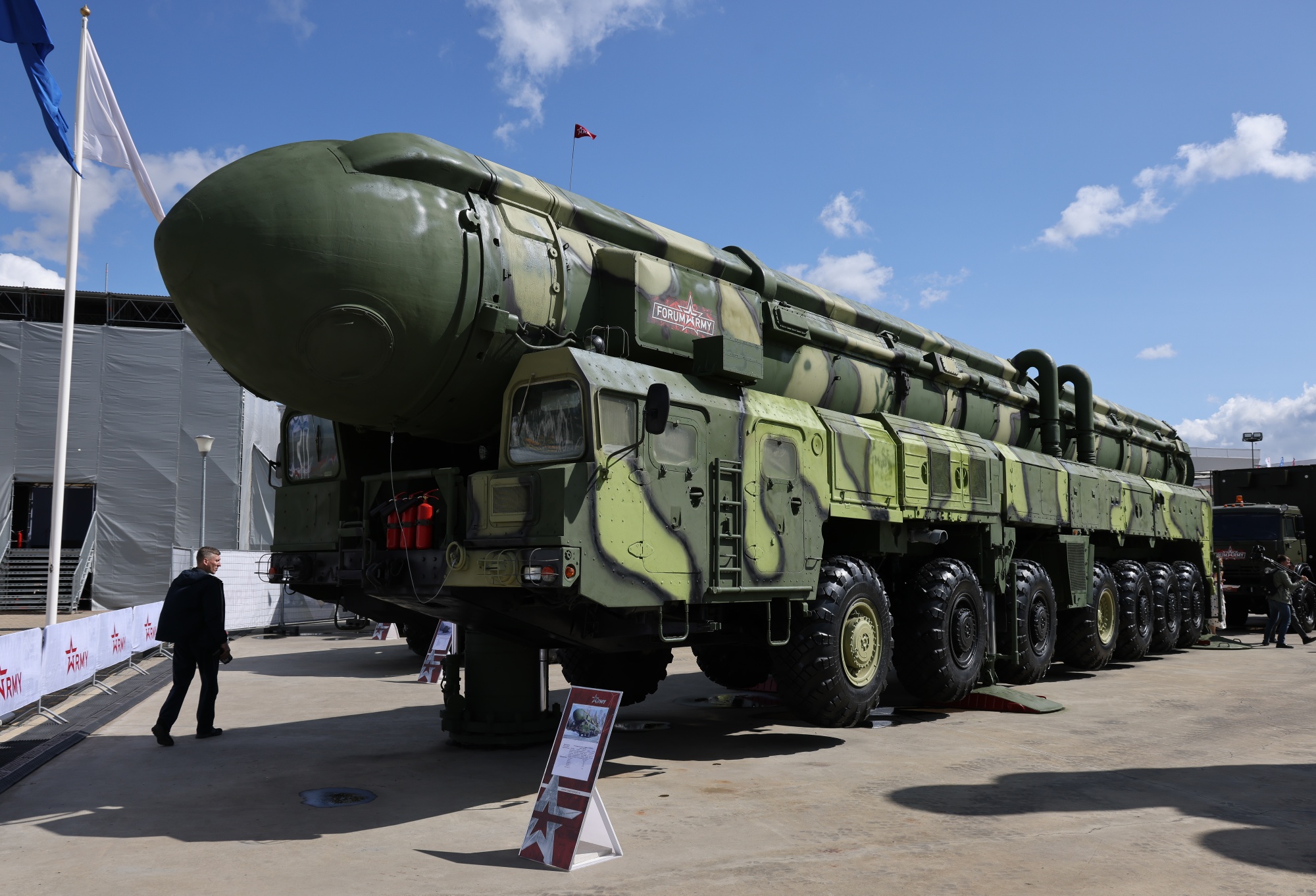 A Russian mobile intercontinental ballistic missile system on display&nbsp;in Moscow on Aug. 22. President&nbsp;Vladimir Putin&nbsp;has&nbsp;recently boasted&nbsp;of the country’s new hypersonic weapons, claiming they are capable of avoiding U.S. defenses at&nbsp;up to&nbsp;20 times the speed of sound. His military plans to conduct drills of his strategic nuclear forces this weekend.