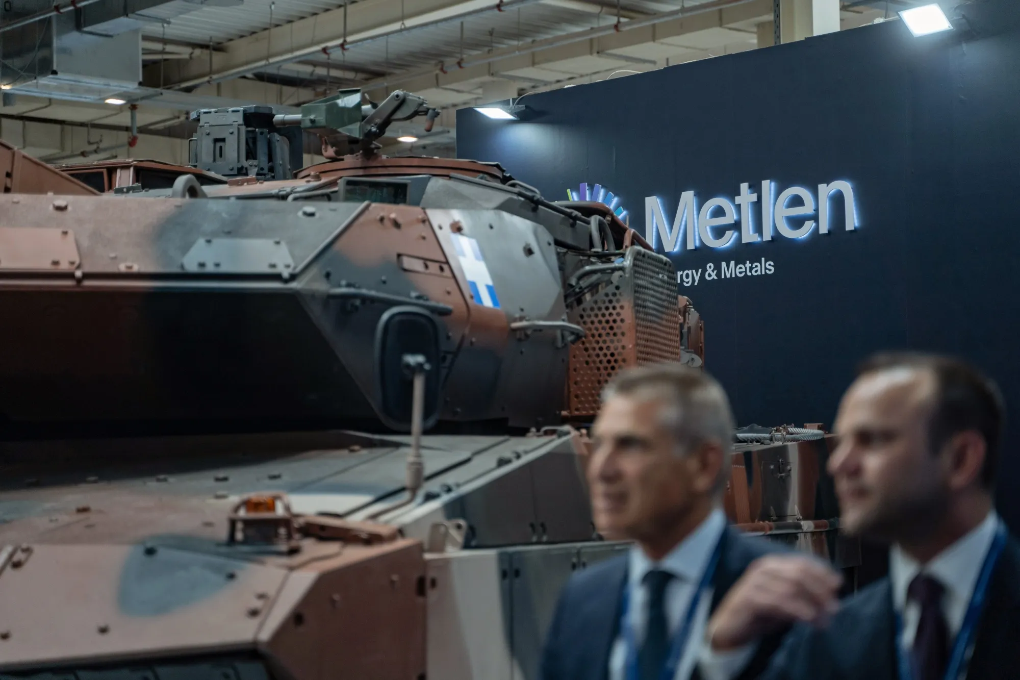 A Greek Army Leopard 2A6 main battle tank&nbsp;at the Metlen Energy &amp; Metals SA pavilion at the DEFEA international defence exhibition in Athens.