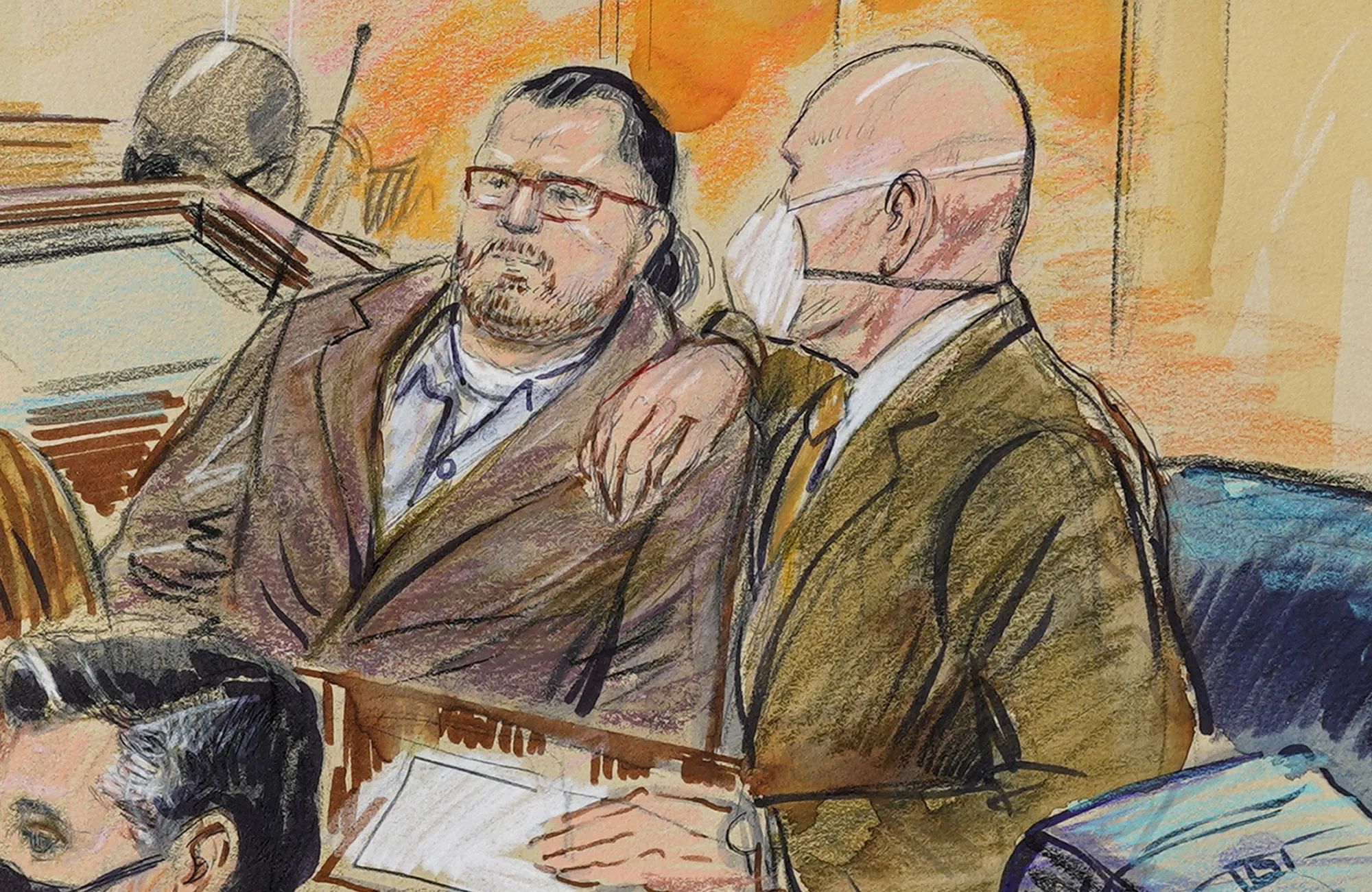 This artist sketch depicts Guy Reffitt, joined by his lawyer William Welch, right, in Federal Court, in Washington, D.C. on Feb. 28.
