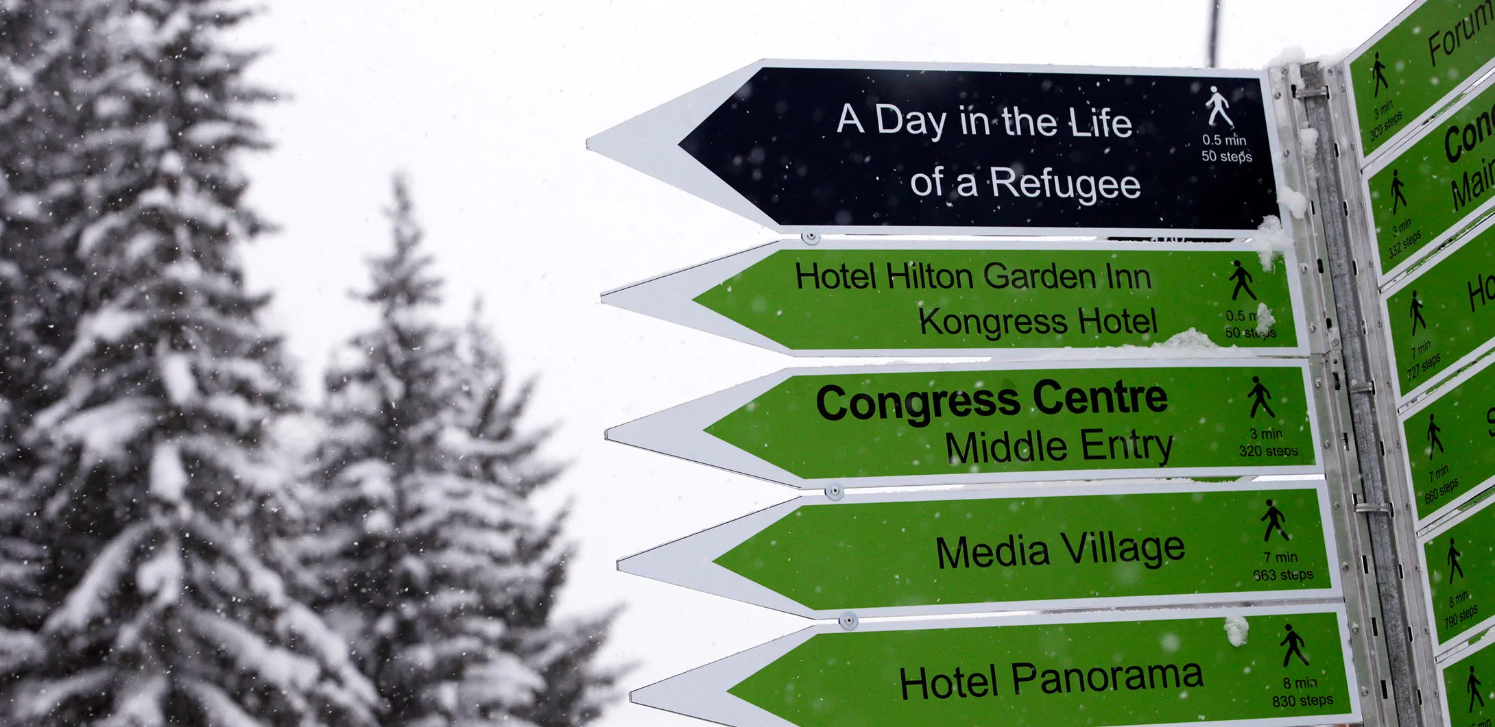A signpost indicating various key locations for the World Economic Forum stands in Davos, Switzerland, on Saturday, Jan. 16, 2016. World leaders, influential executives, bankers and policy makers attend the 46th annual meeting of the World Economic Forum in Davos from Jan. 20 - 23.
