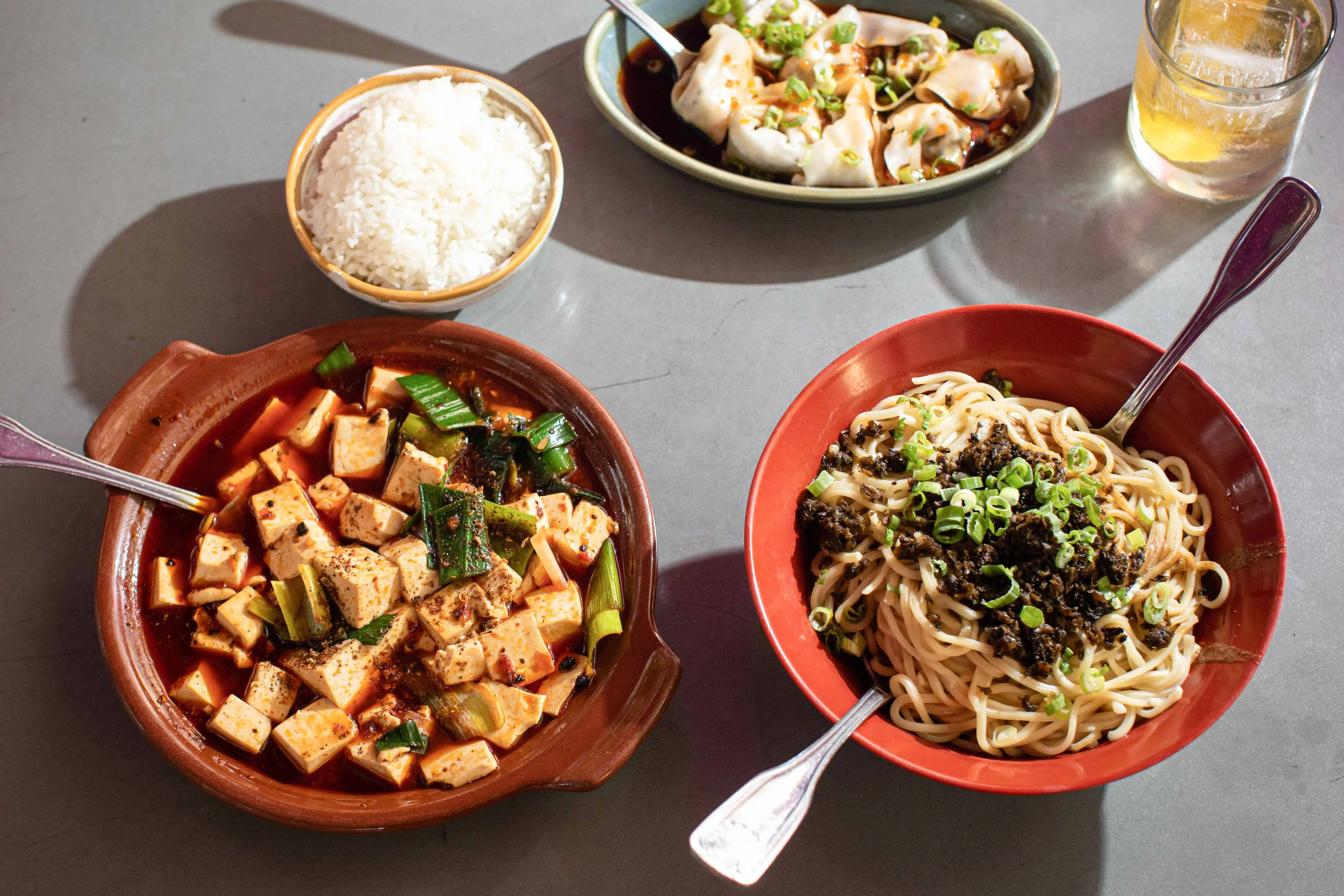 Vegan mapo tofu, noodles noodles and dumplings at Spicy Moon in the West Village.