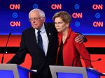 Bernie Sanders and Elizabeth Warren&nbsp;after participating in the first round of the second Democratic primary debate hosted by CNN in Detroit on July 30, 2019.