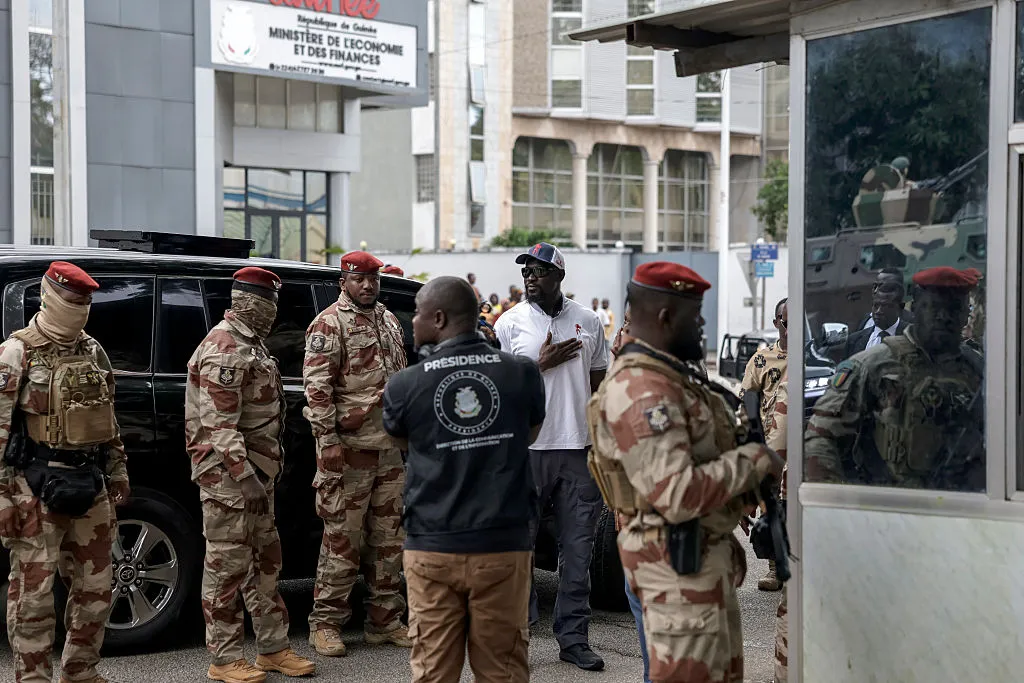 Mamadi&nbsp;Doumbouya arrives at a polling station to vote in Conakry, on Sept.&nbsp;21.
