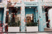 English artist Damien Hirst's temporary Façade for the Tiffany & Co. store, "Apple Blossom Wallpaper."