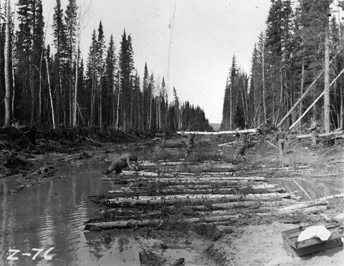 The 341st Engineer Regiment at work on the Alaska Highway around 1942.