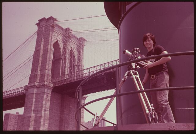 Ken Burns filming on Brooklyn Bridge in 1979. The bridge was the subject of his directorial debut, which was nominated for an Oscar for Best Documentary Feature.