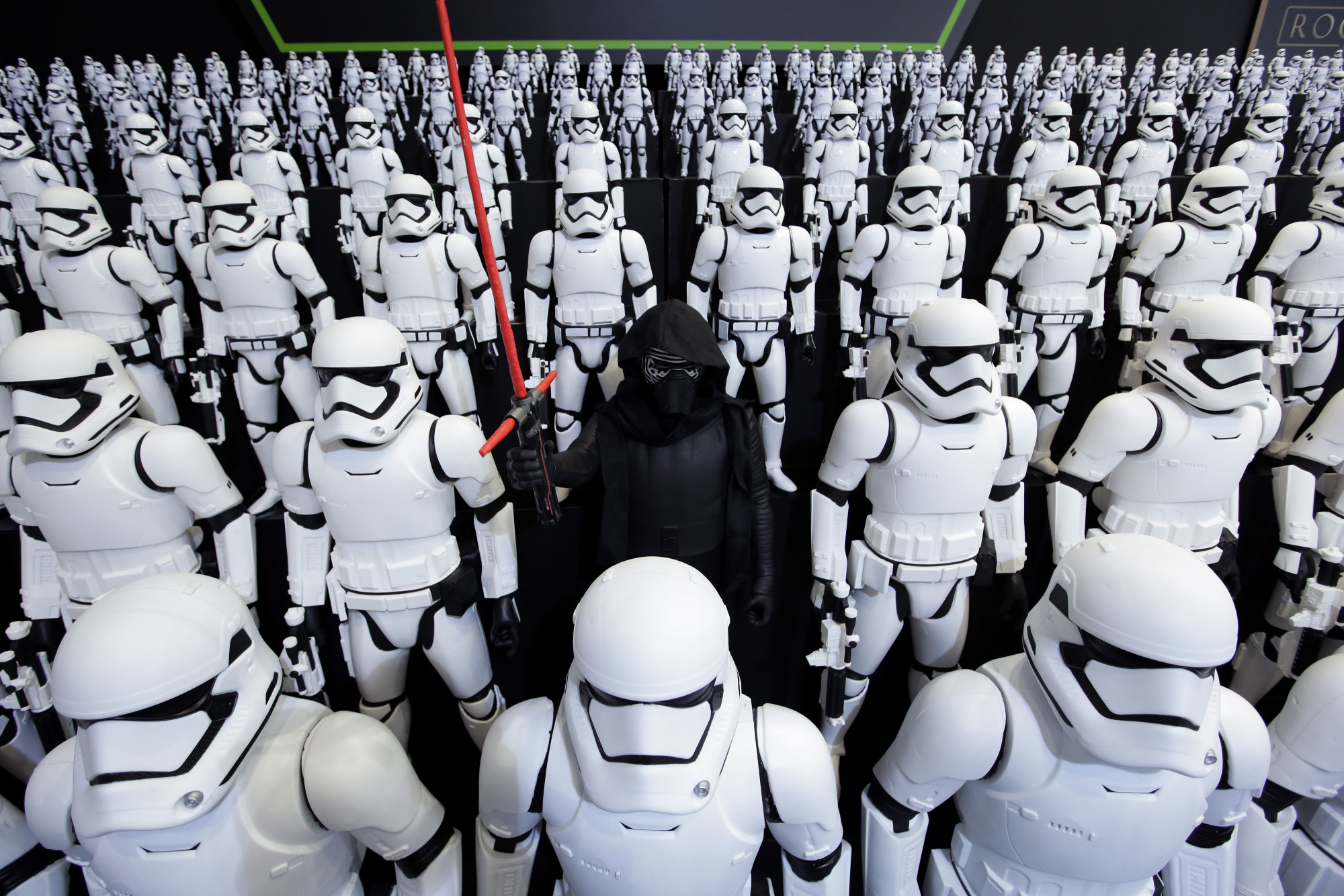 Figurines of Kylo Ren, center, and First Order Stormtroopers, characters from &quot;Star Wars&quot;, are displayed at the Tomy Co. booth at the International Tokyo Toy Show in Tokyo, Japan, on Thursday, June 9, 2016. The toy show will run though June 12 at the Tokyo International Exhibition Center.