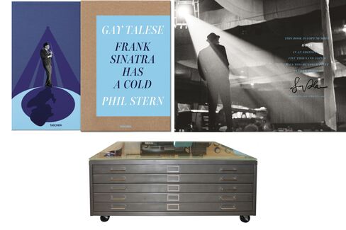 Pictured: A quiet shot of Sinatra by photographer Phil Stern, signed by writer Gay Talese (top); a steel flat file converted into a smart coffee table.