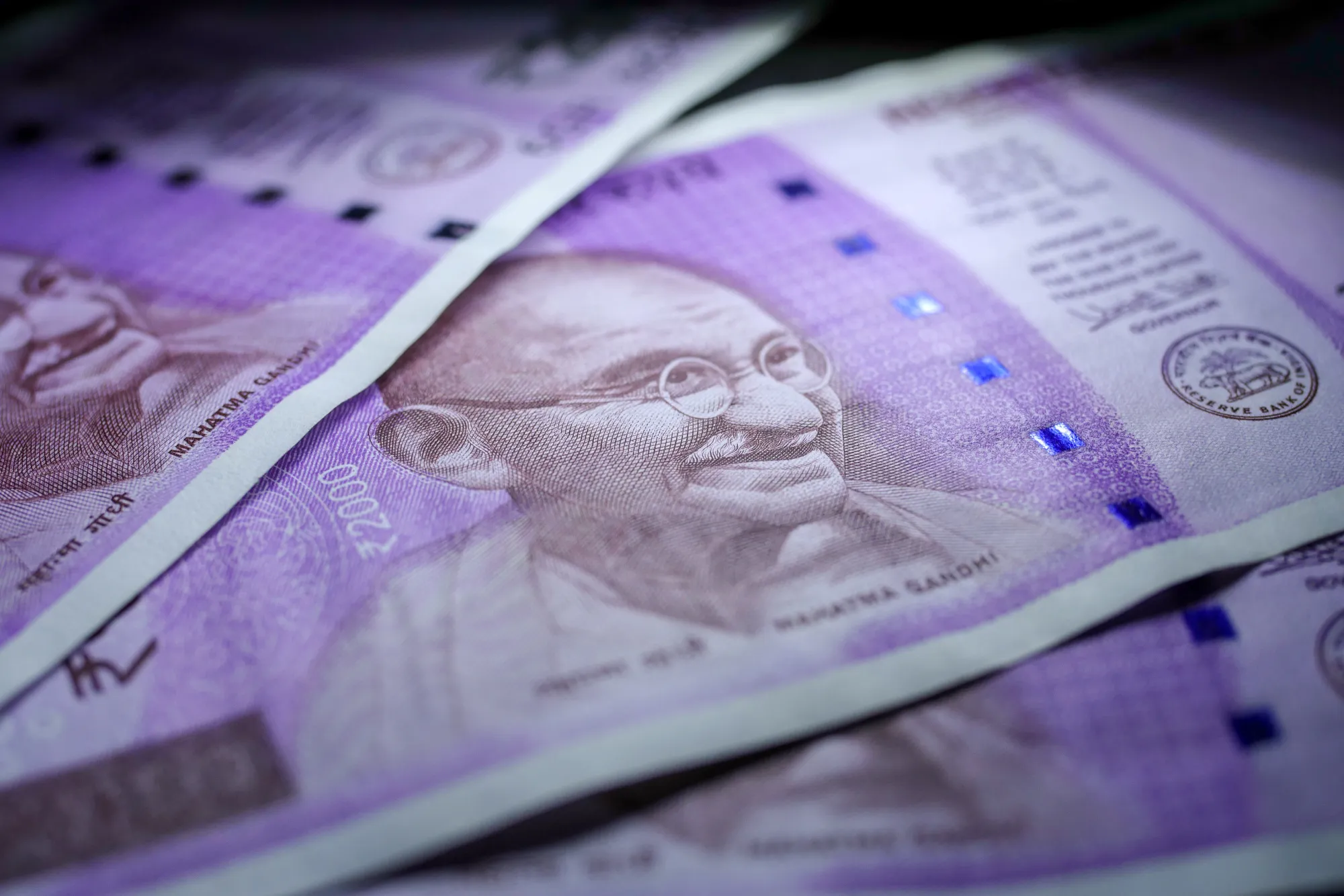 Indian two thousand rupee banknotes are arranged for a photograph in Mumbai.
