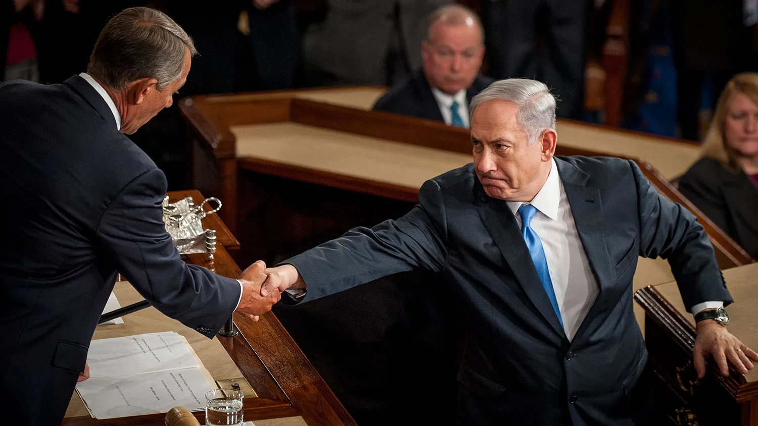 Benjamin Netanyahu, Israel's prime minister, right, shakes hands with House Speaker John Boehner, a Republican from Ohio, following a speech to a joint meeting of Congress in the House Chamber at the U.S. Capitol in Washington, D.C., U.S., on Tuesday, March 3, 2015.
