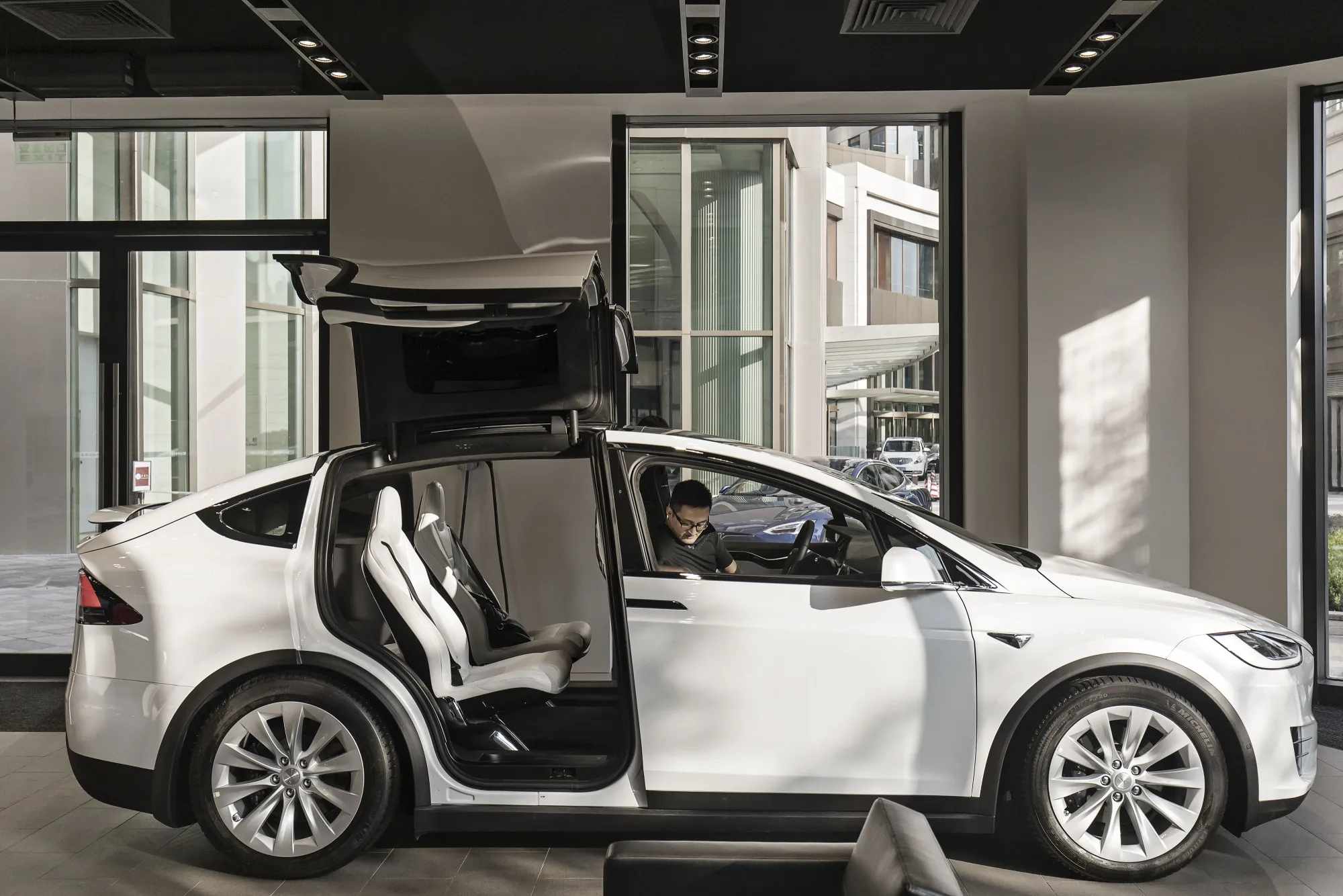 A Tesla Motors Inc. Model X electric vehicle on display&nbsp;in Shanghai, China.