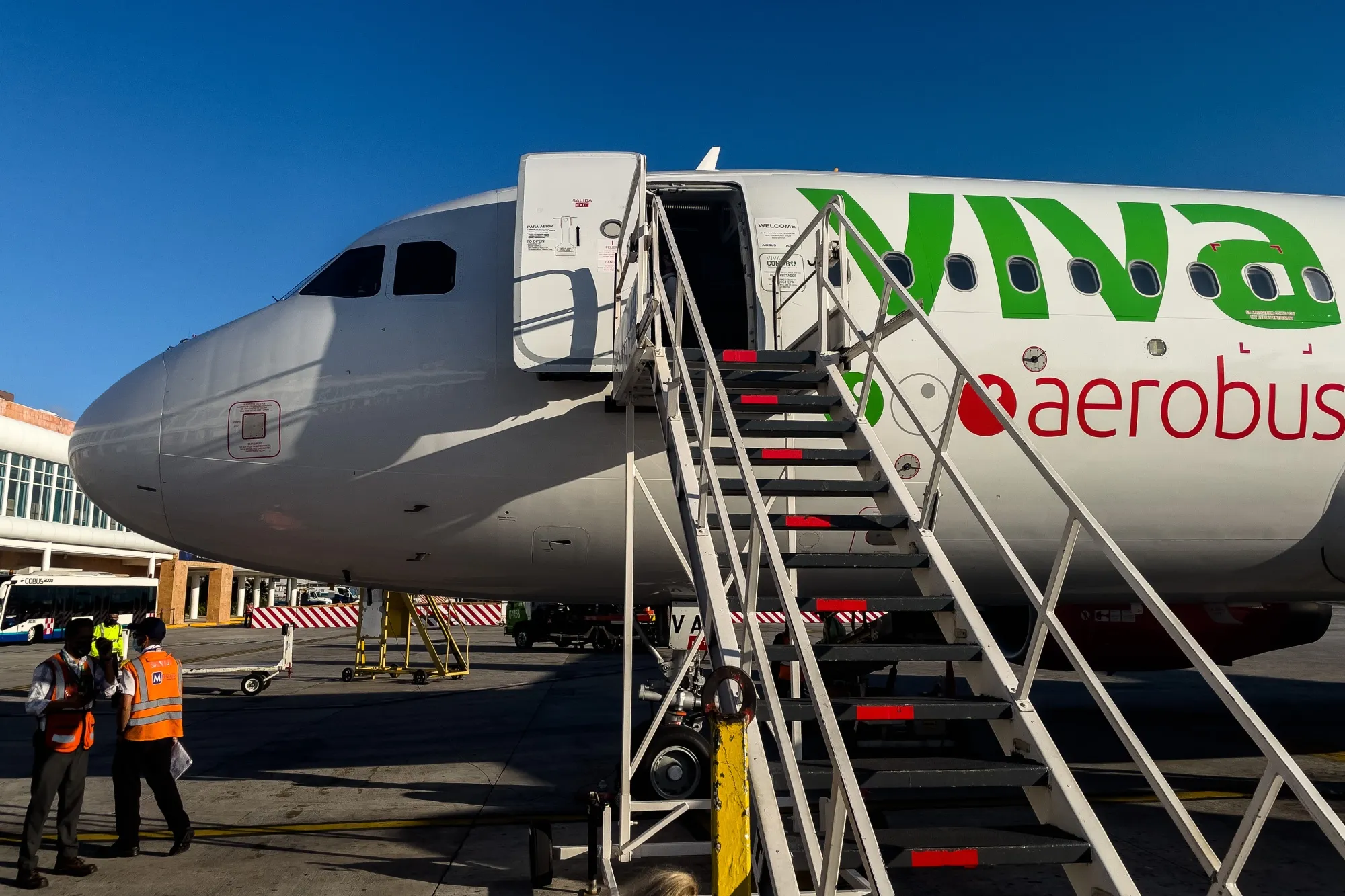 A Viva Aerobus airplane at Cancun International Airport (CUN) in Cancun, Quintana Roo state, Mexico, on Friday, Dec. 3, 2021.&nbsp;
