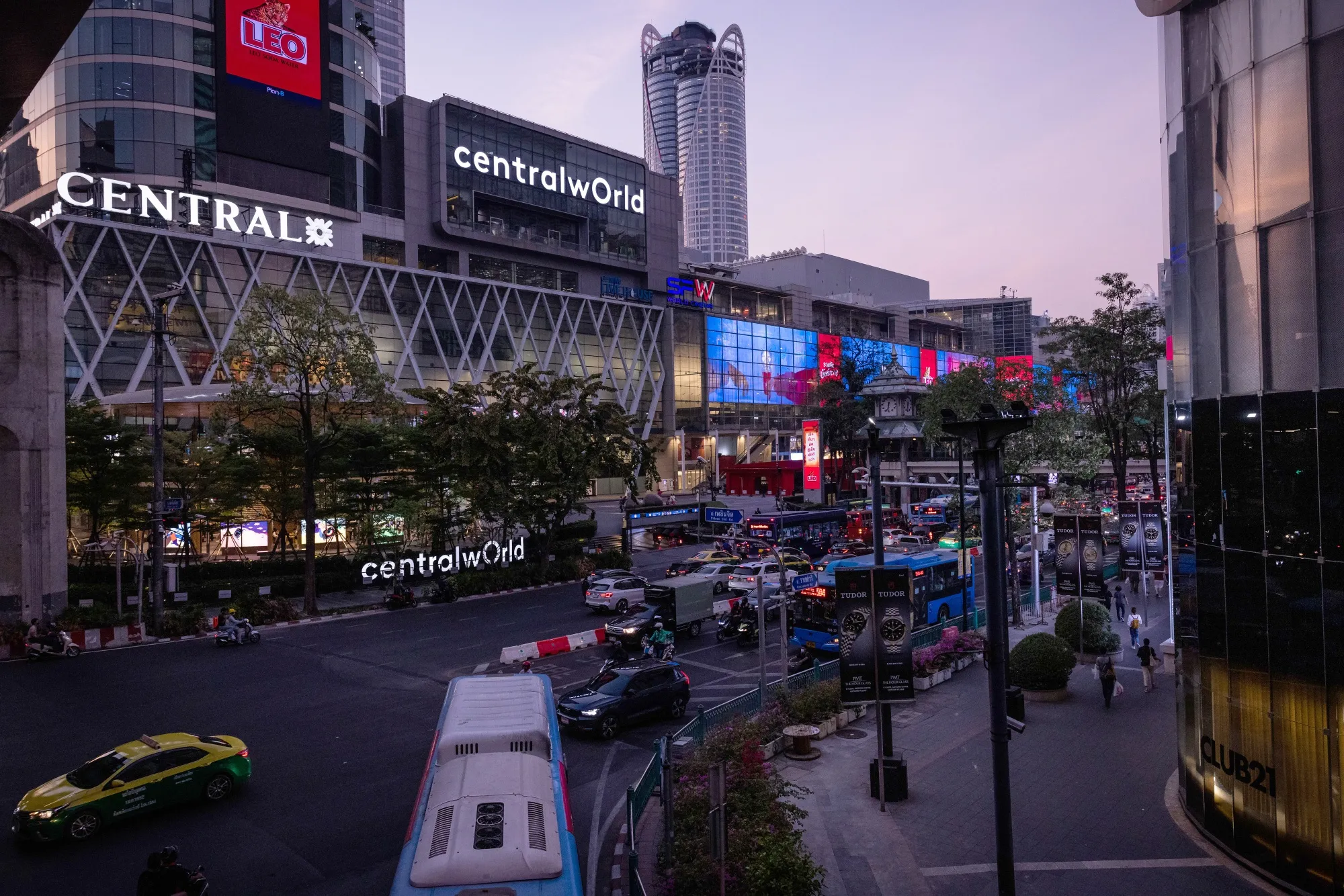 Central World mall at dusk in Bangkok, Thailand.