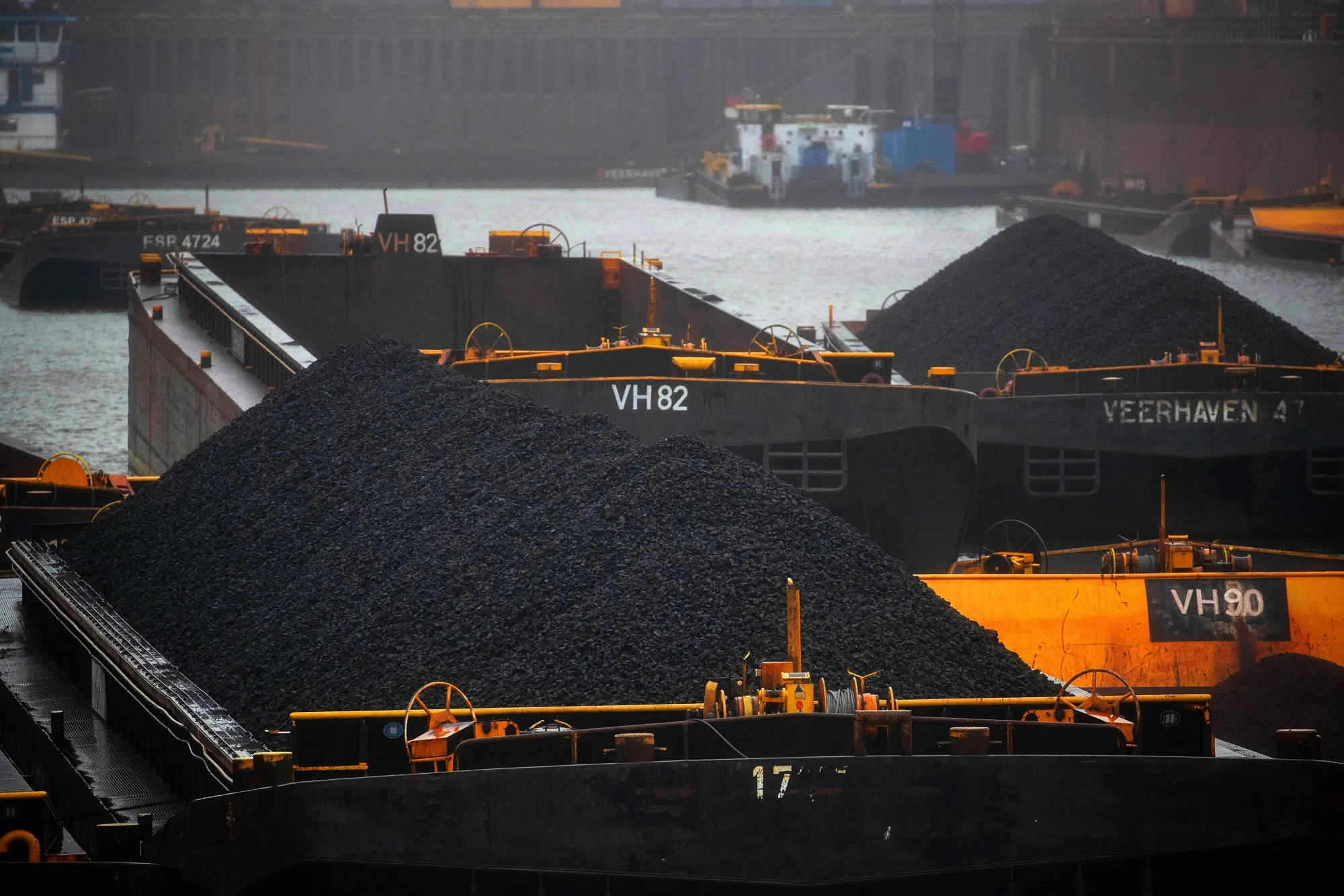 Barges loaded with coal in Duisburg, Germany.