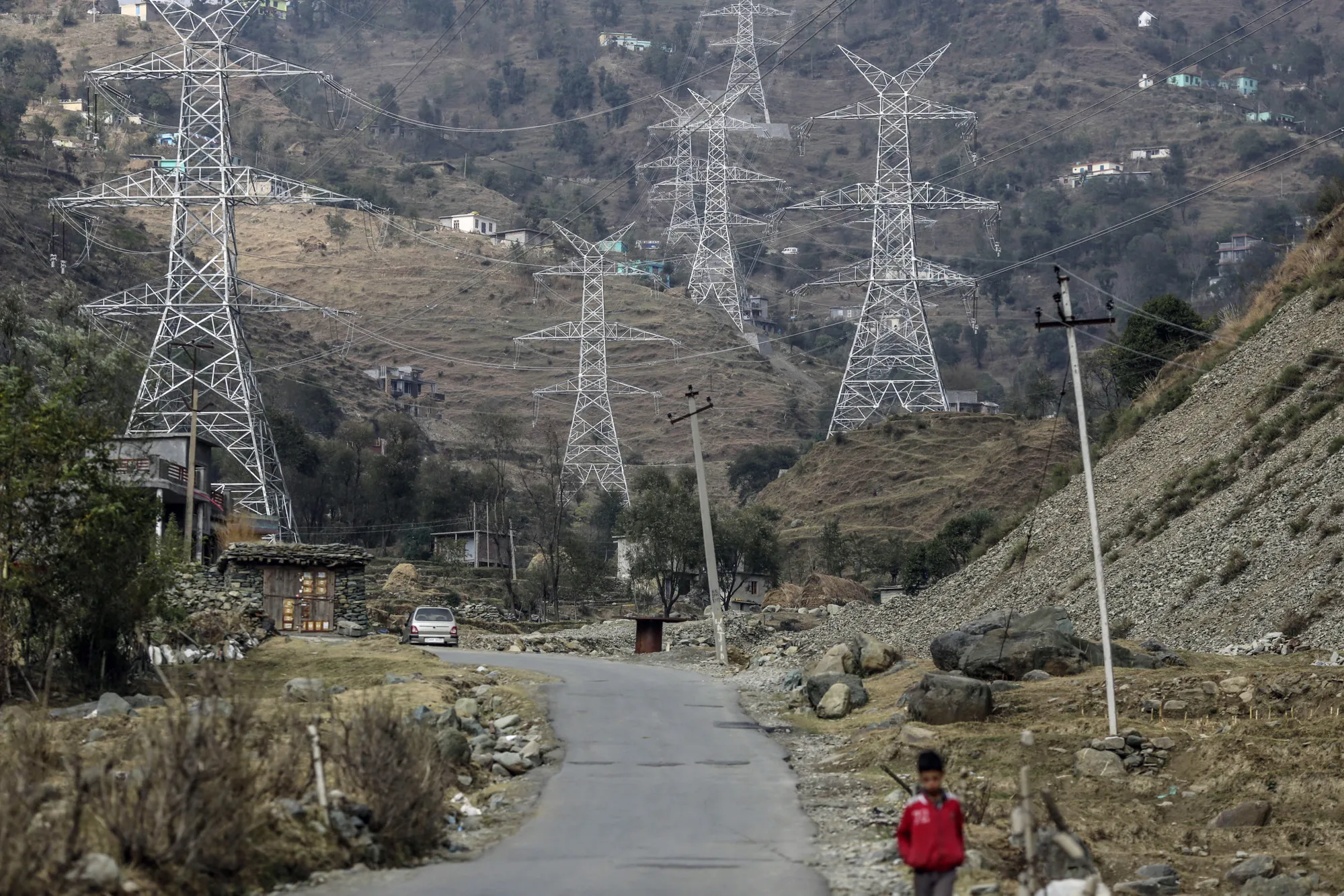 Transmission towers in Rajouri district, Jammu and Kashmir, India.