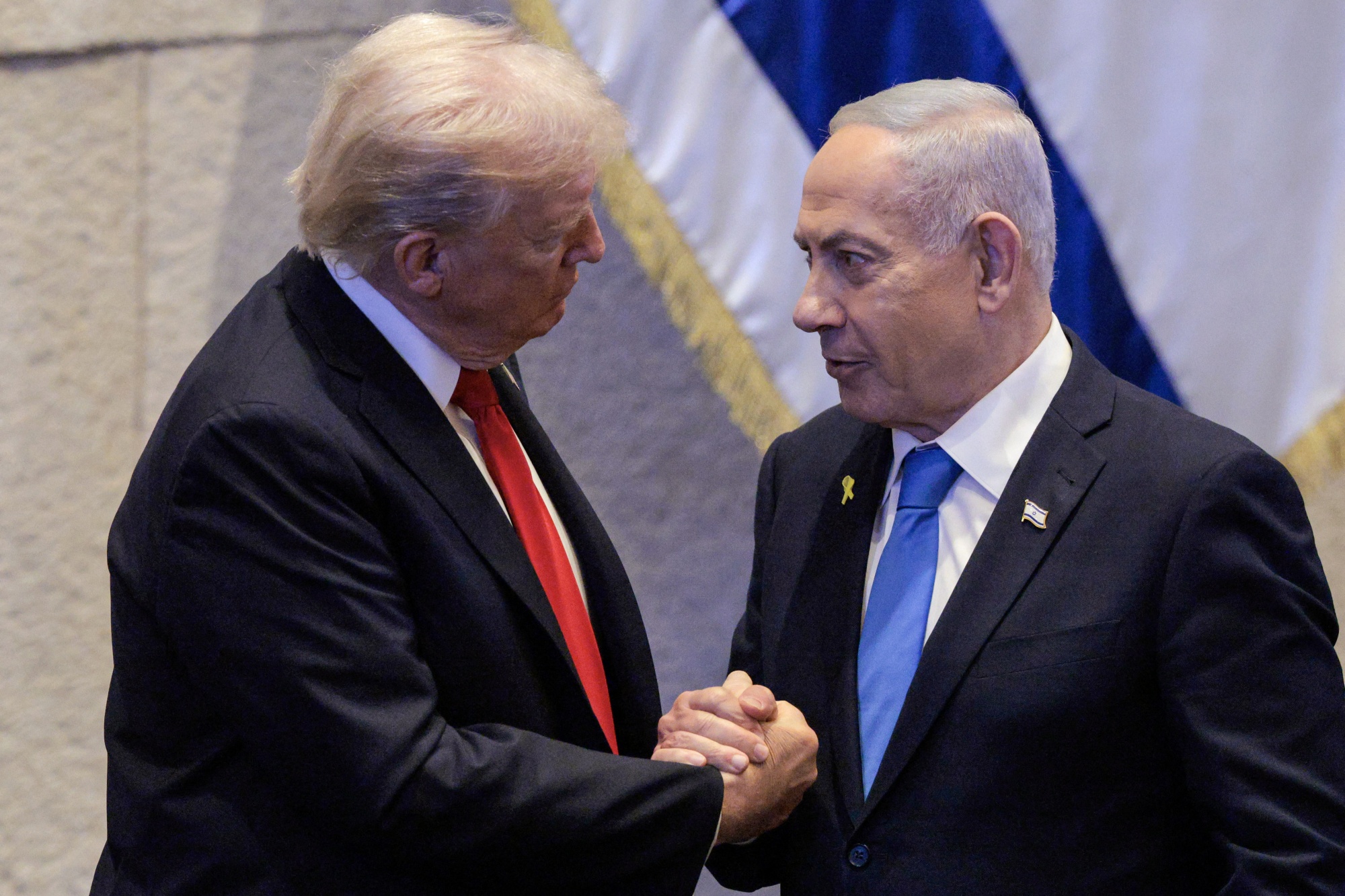 US President Donald Trump and Israeli Prime Minister Benjamin Netanyahu at the Knesset in Jerusalem on Oct. 13. Photographer: Chip Somodevilla&#x2F;AFP&#x2F;Getty Images