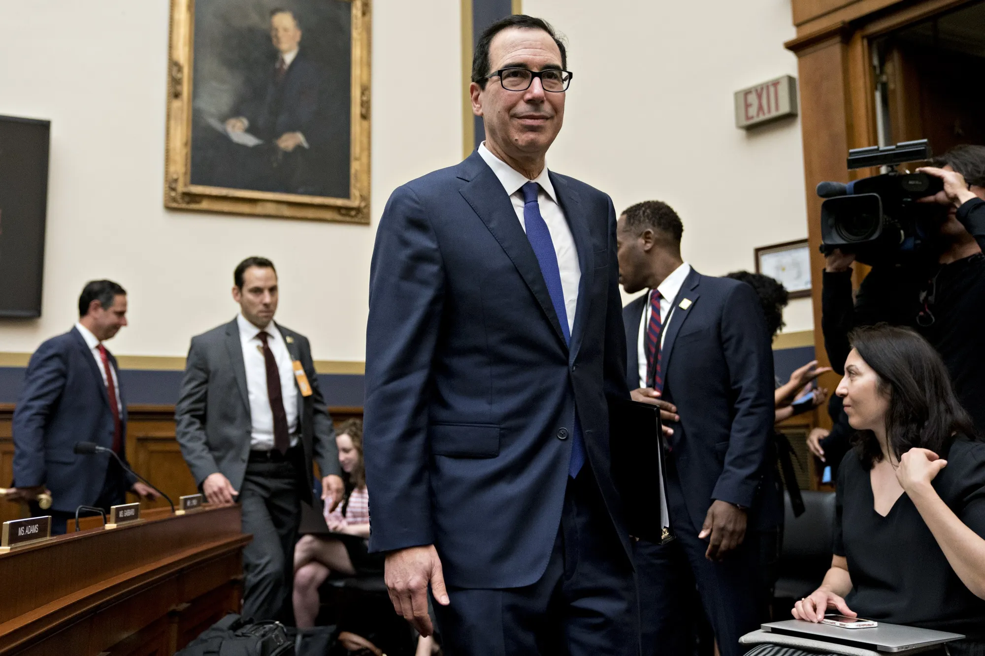 Steven Mnuchin arrives to a House Financial Services Committee hearing in Washington, D.C. on May 22, 2019.