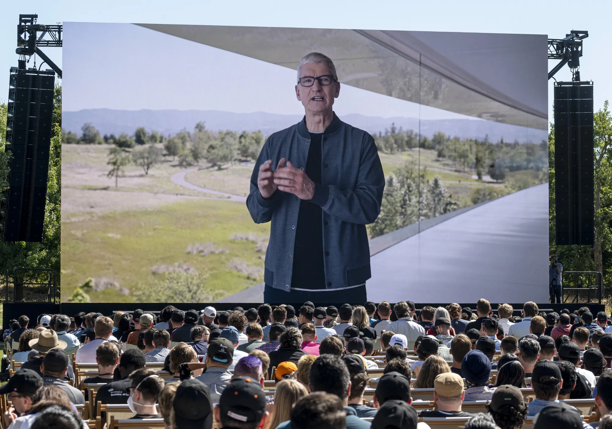 Tim Cook on screen during the Apple Worldwide Developers Conference in Cupertino, California, on June 6.