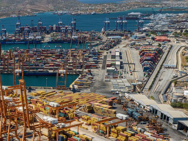 Aerial view of the Port of Piraeus, with hundreds of containers in the background and the foreground.