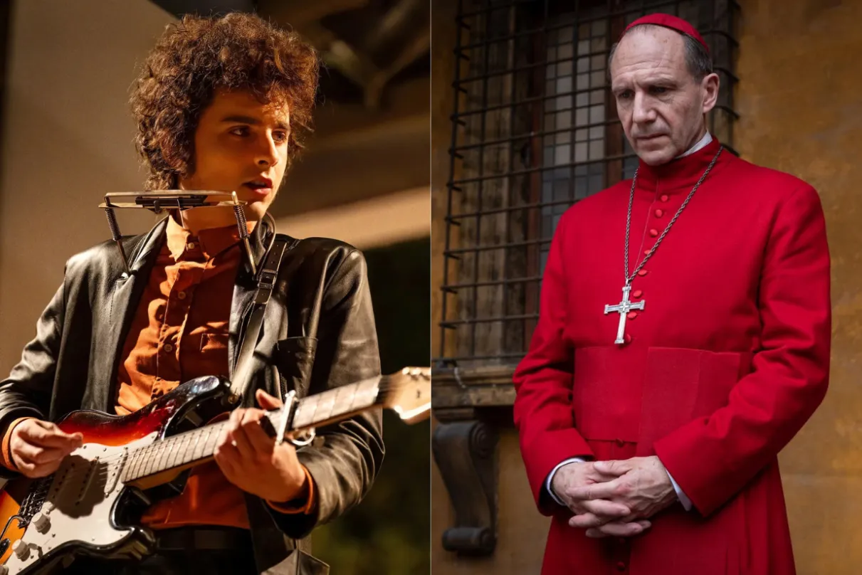 Timothée Chalamet as Bob Dylan and&nbsp;Ralph Fiennes as Cardinal Lawrence (left to right)