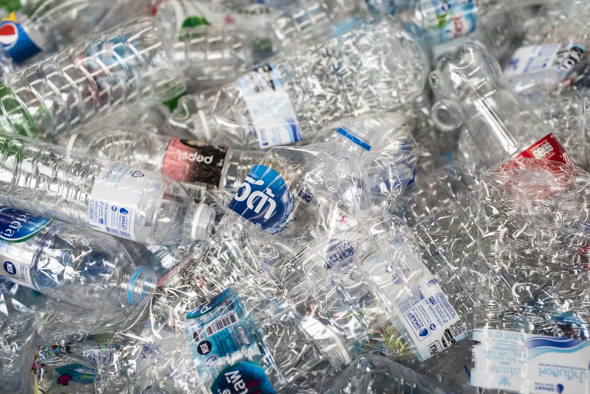 Empty bottles in bins at a plastic recycling center in Bangkok.