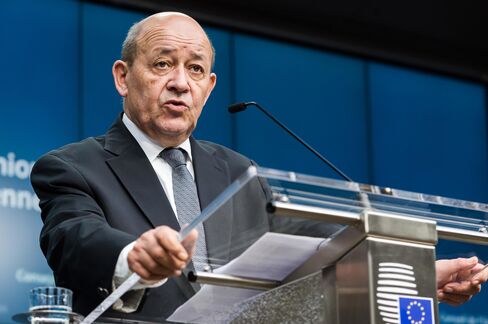 rance's Defense Minister Jean-Yves Le Drian addresses the media during an EU foreign and defense ministers meeting at the EU Council building in Brussels on Tuesday, Nov. 17, 2015.