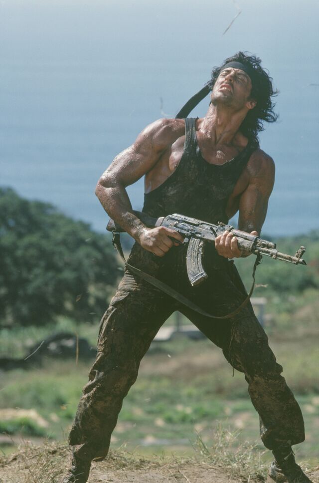 Stallone on the set of Rambo: First Blood Part II in 1985.