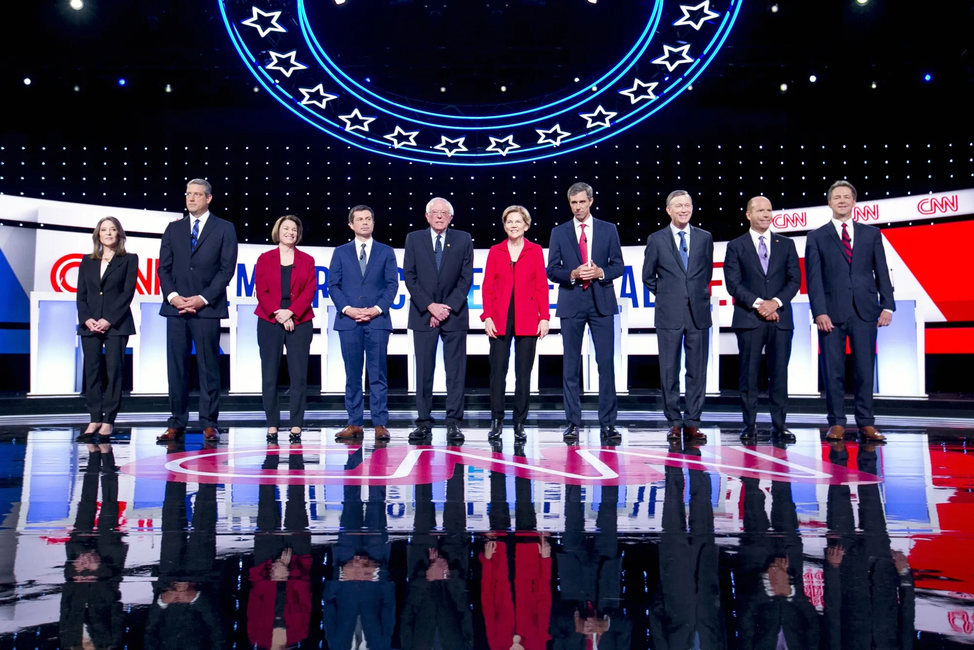 2020 Democratic Presidential Candidates, from left, Marianne Williamson, Tim Ryan,&nbsp;Amy Klobuchar, Pete Buttigieg, Bernie Sanders,&nbsp;Elizabeth Warren,&nbsp;Beto O'Rourke, John Hickenlooper,&nbsp;John Delaney and Steve Bullock,&nbsp;in Detroit, Michigan, on July 30.