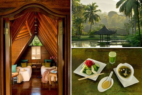 Clockwise from top left: a Sulu Terrace bedroom; the lush landscape; a transition diet.