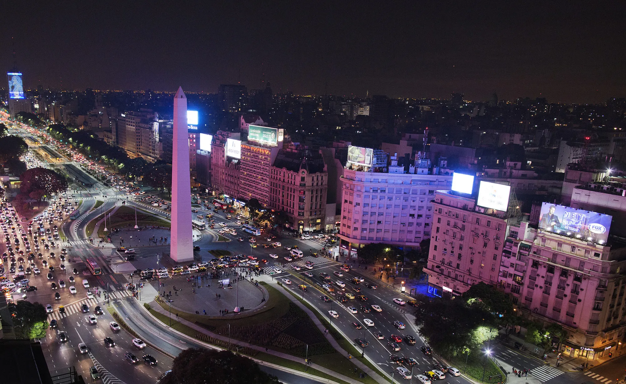 Cars make their way down Avenida 9 de Julio, one of the central thoroughfares in the city of Buenos Aires.

