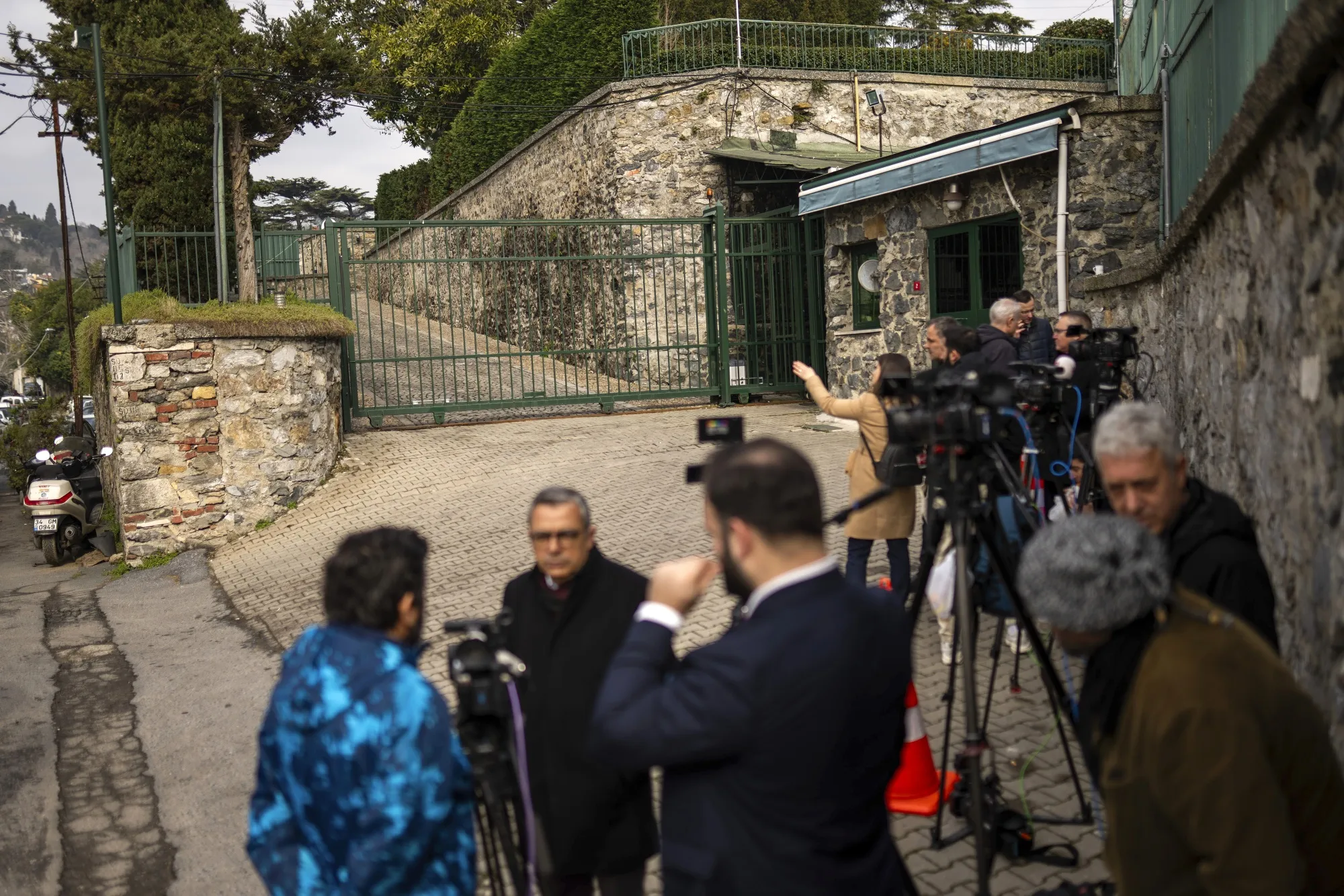 Journalists outside US&nbsp;Consul General's residence where Russian and U.S. diplomats met, in Istanbul, on Feb. 27.