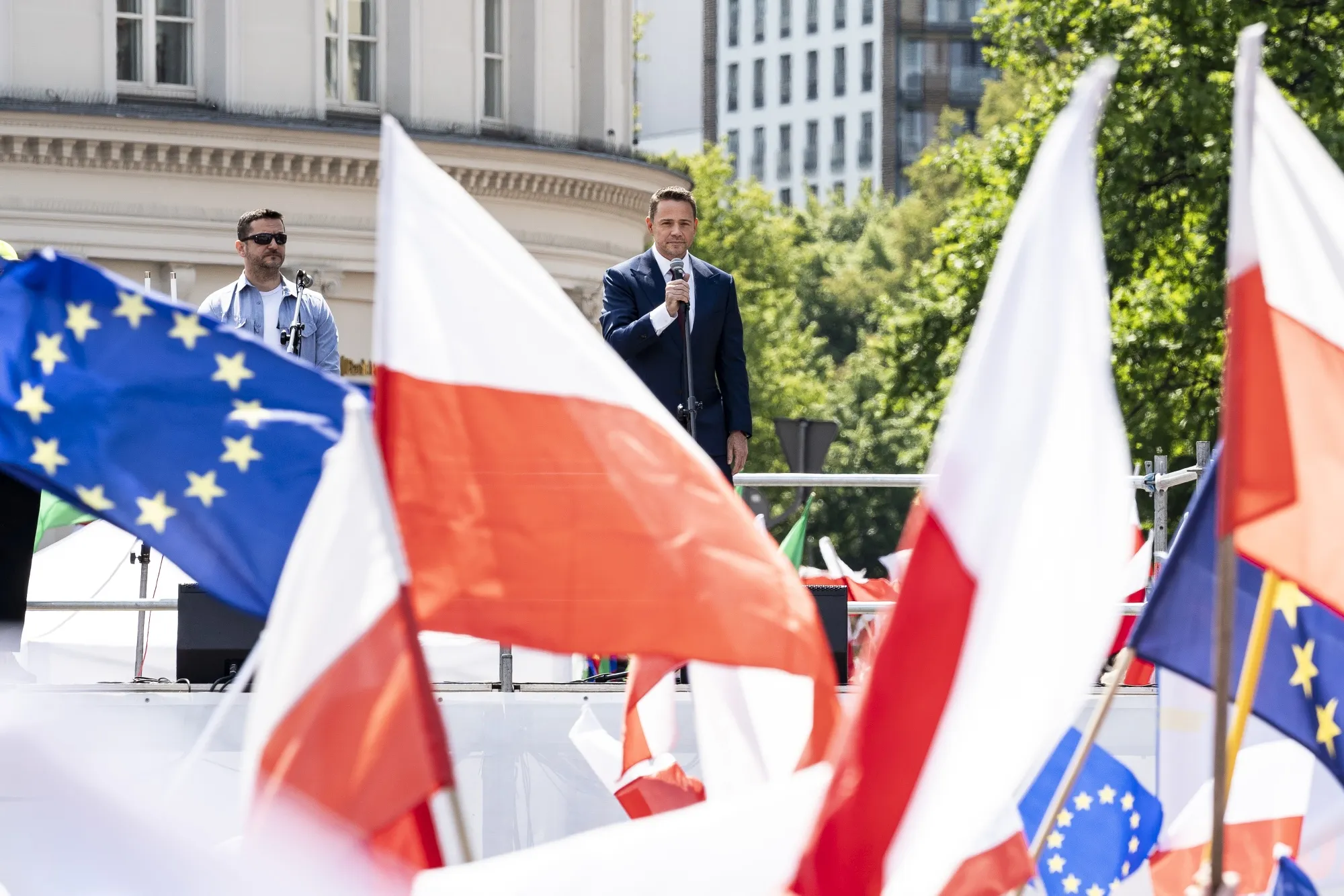 Rafal Trzaskowsk speaks as he begins the Great Patriots’ March at Bankowy Square in Warsaw on May 25.