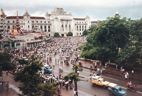 Demonstrators gather in Rangoon, later known as Yangon, to protest against the government on Aug. 6, 1988.