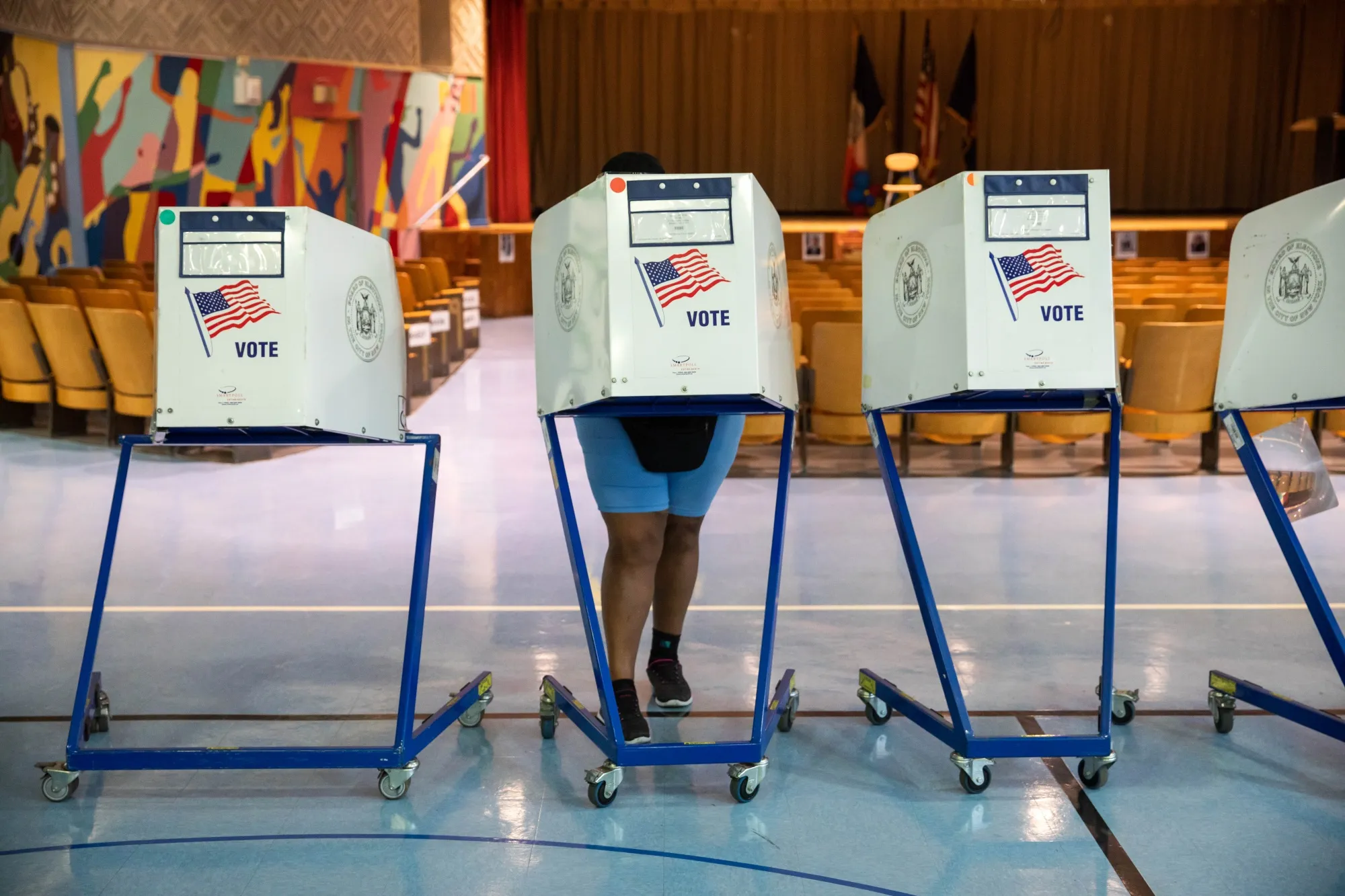 A voter fills out a ballot in&nbsp;New York.