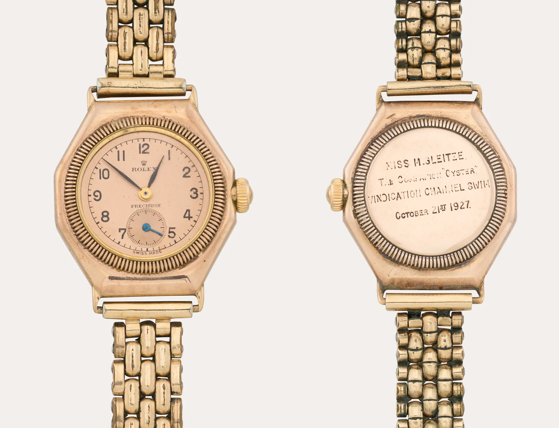 The front and reverse of Mercedes Gleitze’s Rolex Oyster watch