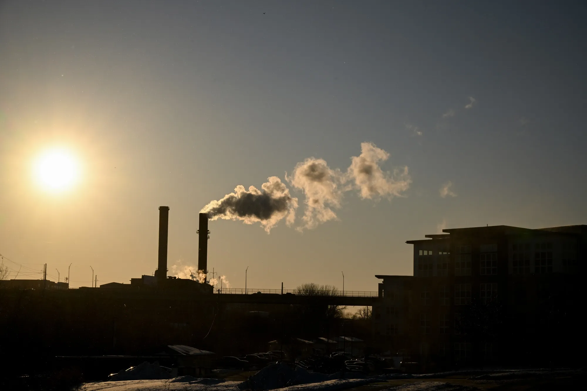 Smoke stacks following a winter storm in Kansas City, Missouri, US.