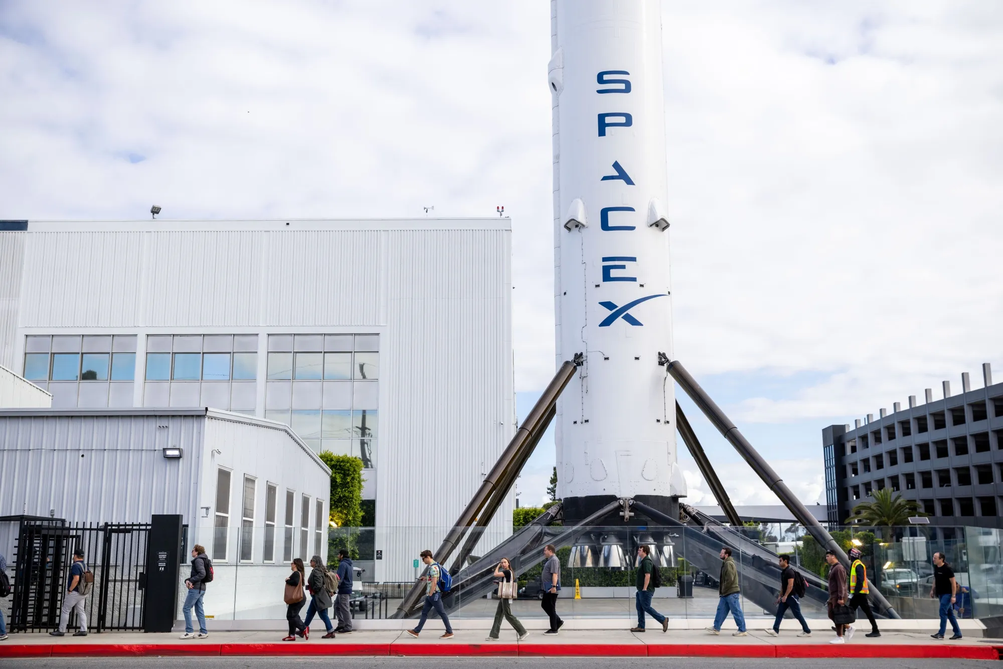 A SpaceX Falcon 9 reusable rocket booster on display outside the company's facilities in Hawthorne, California.