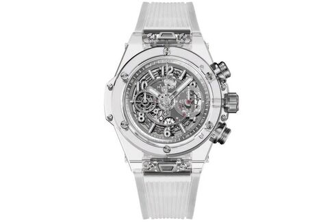 The Big Bang Unico Sapphire lets you admire Hublot's in-house movement through the transparent case.