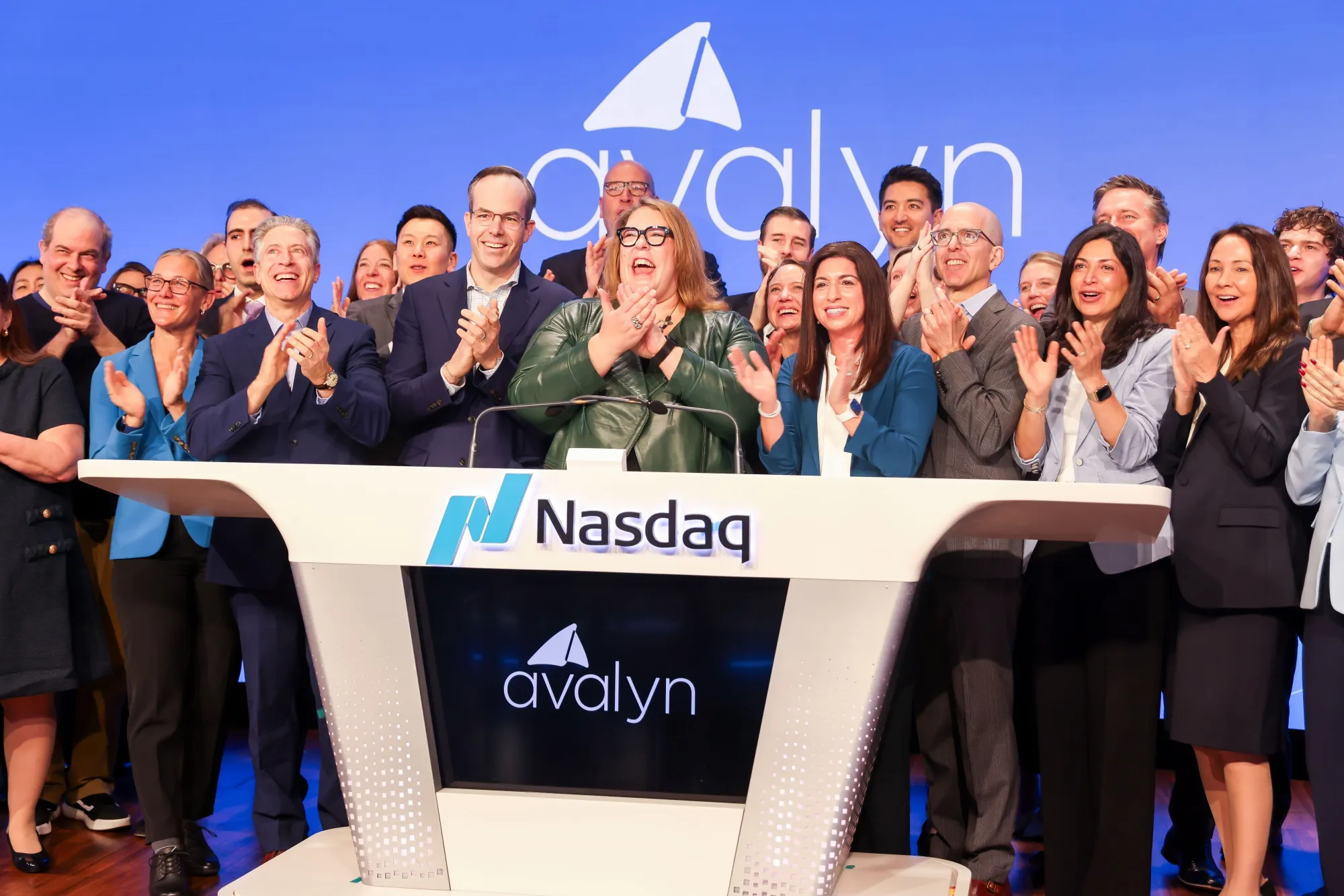 Avalyn CEO Lyn Baranowski, center, rings the opening bell during the company's IPO&nbsp;at the Nasdaq MarketSite in New York on&nbsp;April 30.