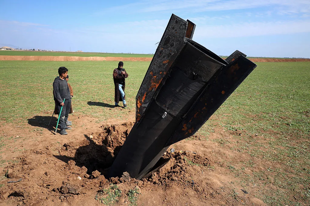 An Iranian missile after it fell near Qamishli International Airport, near the Turkish border with Syria.