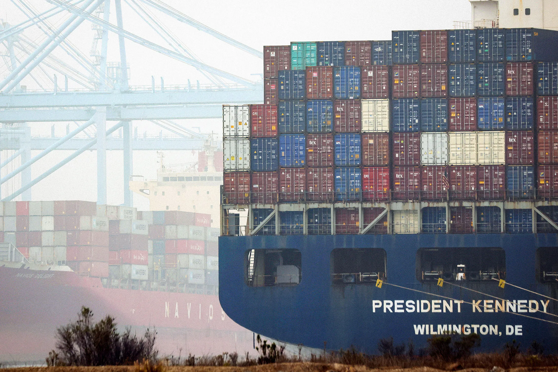 Shipping containers stacked on a vessel at the Port of Los Angeles.