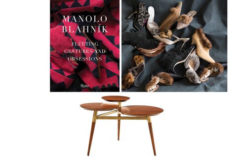 Pictured: Manolo Blahnik’s embellished, fur-trimmed heels (top); a clover-shaped coffee table by West Elm (bottom).