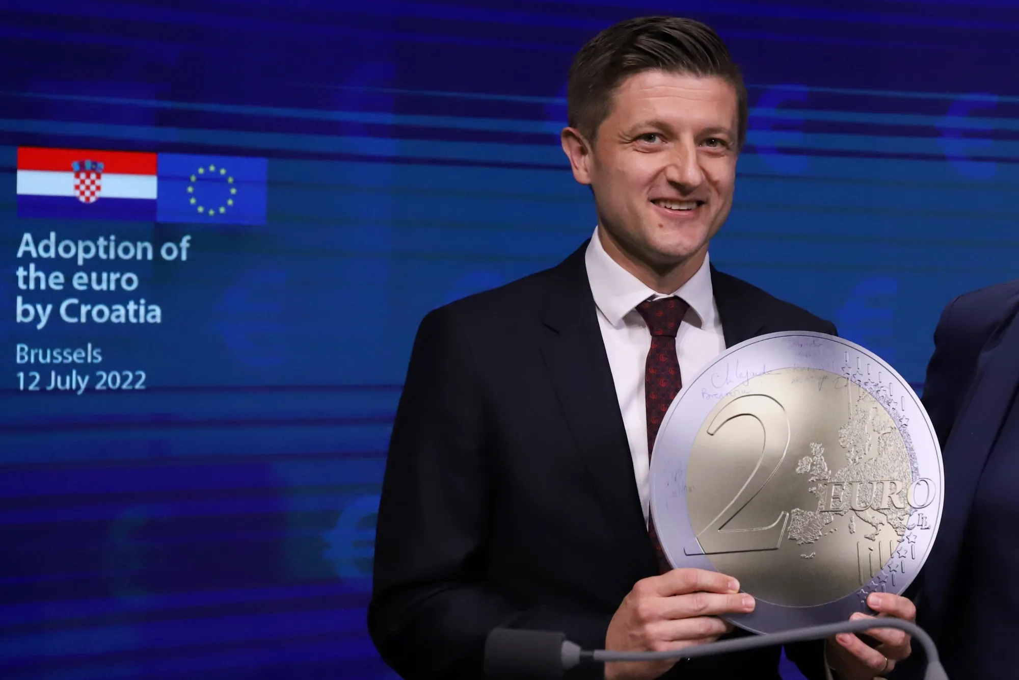 Croatia’s Finance Minister Zdravko Maric during the signing ceremony for Croatia’s accession to the euro area at the European Council headquarters in Brussels, Belgium, on July 12.