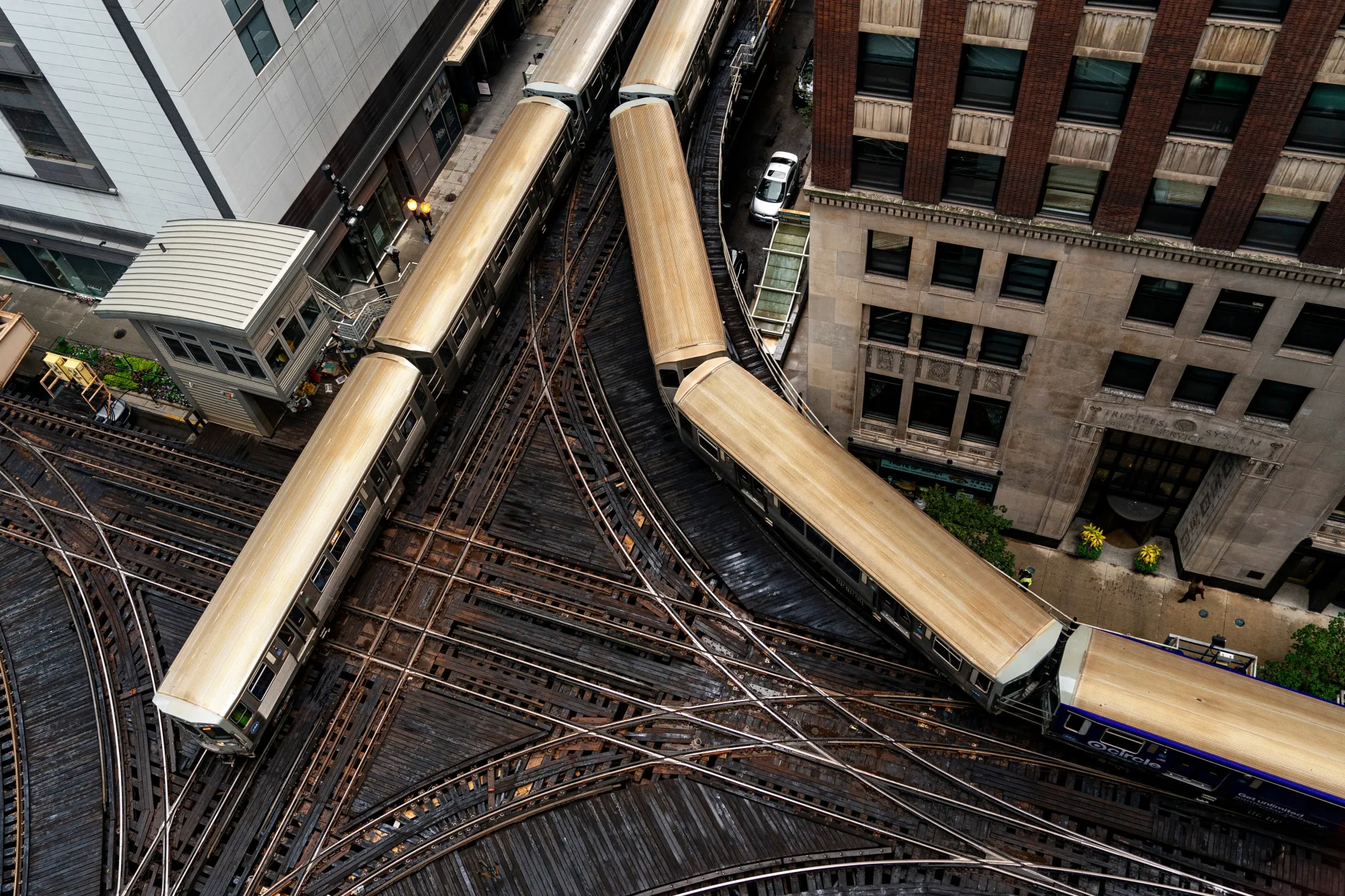 Trains in the Loop neighborhood of Chicago, Illinois.