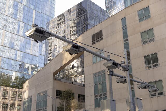 Gantries to electronically collect the tolls from drivers on a street in New York, US. 