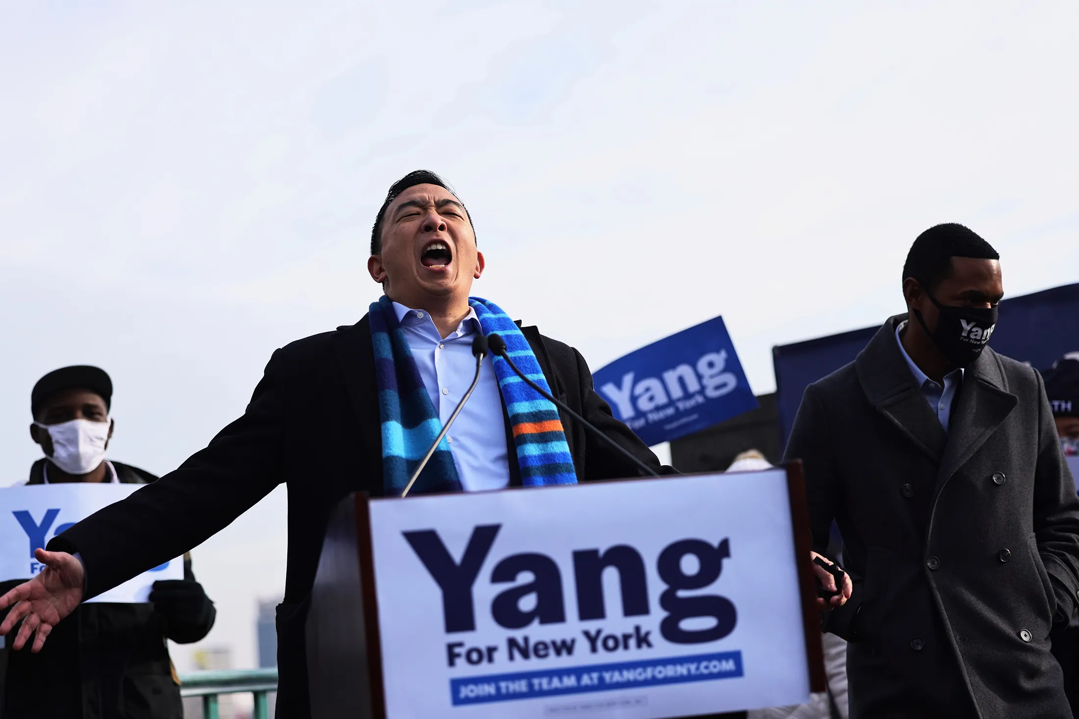 New York City Mayoral candidate Andrew Yang screams as he prepares to speak at a press conference on Jan. 14.