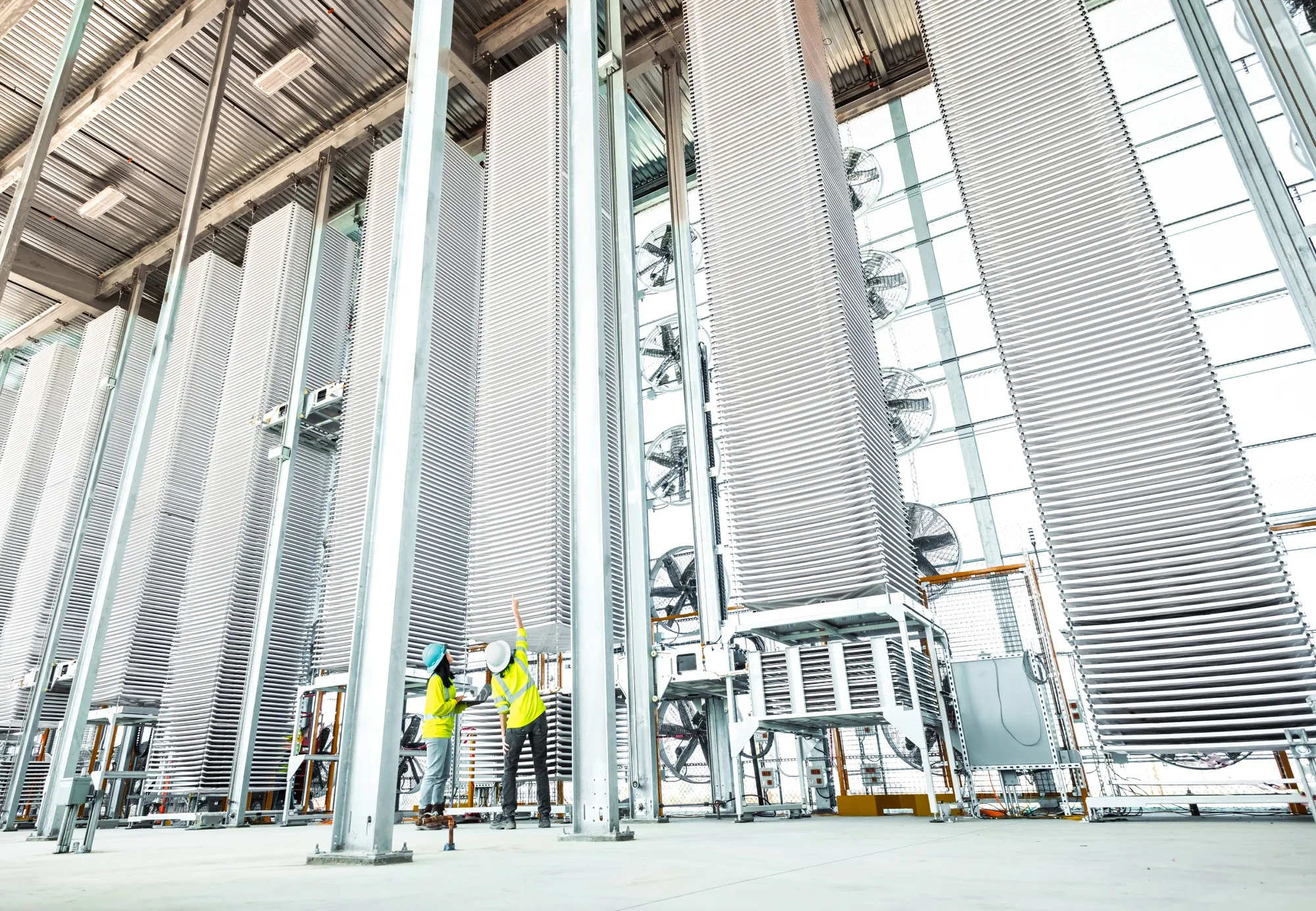 Workers at Heirloom’s Tracy, California, facility. The direct air capture plant is capable of grabbing 1,000 tons of CO2 from the air annually.